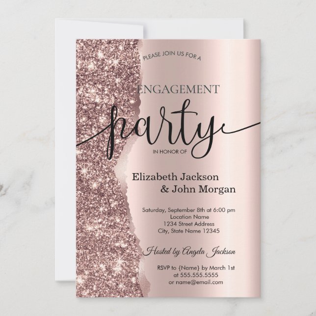 Convites Elegante Glitter Dourado Rosa Script Compromisso  (Frente)