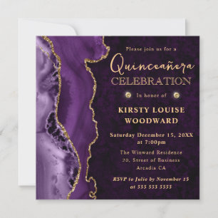 Convites Elegante Glitter Dourado Roxo Quinceanera Ágata