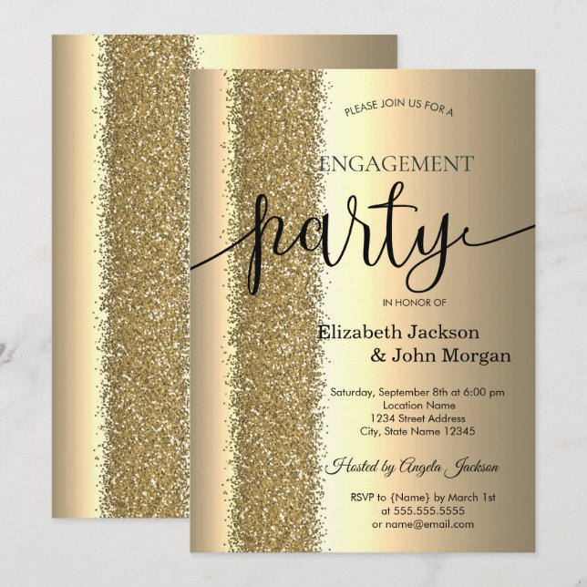 Convites Elegante Glitter Dourado Script Compromisso   (Frente/Verso)