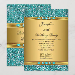 Convites Elegante Glitter Dourado Verde Água Brilhante Fest