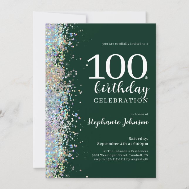 Convites Elegante Glitter Emerald Green 100º aniversário (Frente)