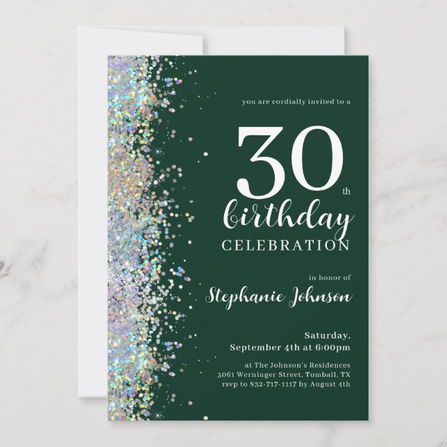 Convites Elegante Glitter Emerald Green aniversário de 30 a (Frente)