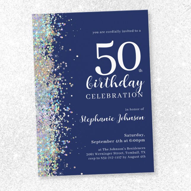 Convites Elegante Glitter Marinho 50º Aniversário (Elegant Glitter Navy 50th Birthday Invitation)