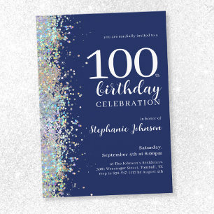 Convites Elegante Glitter Marinho Azul 100º aniversário