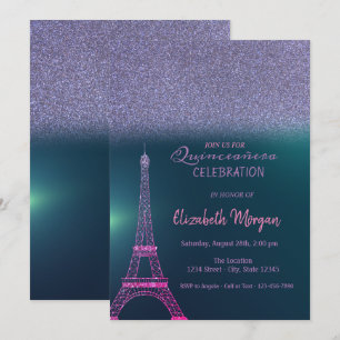 Convites Elegante Glitter Ombre, Eiffel Tower Quinceanera