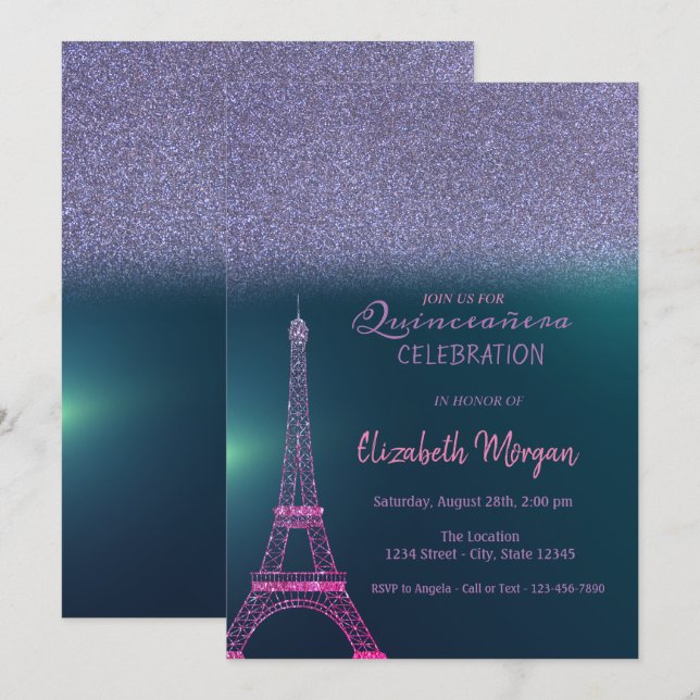 Convites Elegante Glitter Ombre, Torre Eiffel Quinceanera (Frente/Verso)