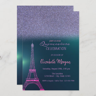 Convites Elegante Glitter Ombre, Torre Eiffel Quinceanera