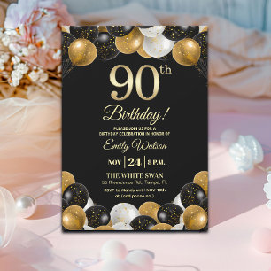 Convites Elegante Glitter Preto Dourado Aniversário de 90 a