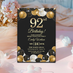 Convites Elegante Glitter Preto Dourado Aniversário de 92 a