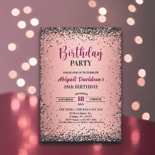 Convites Elegante Glitter Preto Metálico Rosa Aniversário d