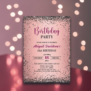 Convites Elegante Glitter Preto Metálico Rosa Aniversário d