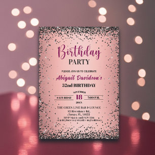 Convites Elegante Glitter Preto Metálico Rosa Aniversário d