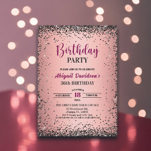 Convites Elegante Glitter Preto Metálico Rosa Aniversário d