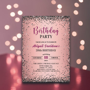 Convites Elegante Glitter Preto Metálico Rosa Aniversário d