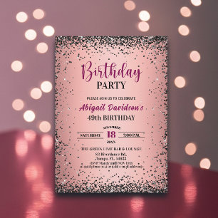 Convites Elegante Glitter Preto Metálico Rosa Aniversário d