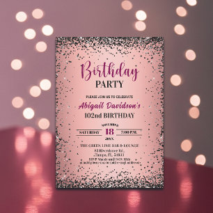 Convites Elegante Glitter Preto Metálico Rosa Aniversário d