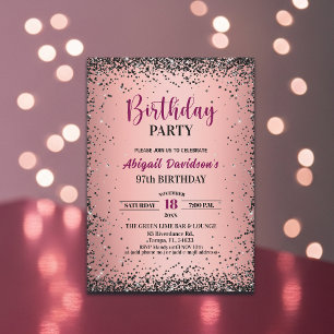 Convites Elegante Glitter Preto Metálico Rosa Aniversário d