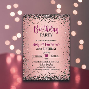 Convites Elegante Glitter Preto Metálico Rosa Aniversário d