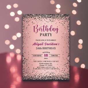 Convites Elegante Glitter Preto Metálico Rosa Aniversário d