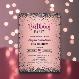 Convites Elegante Glitter Preto Metálico Rosa Aniversário d