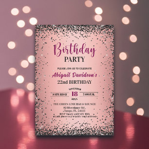 Convites Elegante Glitter Preto Metálico Rosa Aniversário d