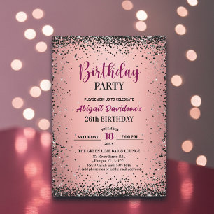 Convites Elegante Glitter Preto Metálico Rosa Aniversário d