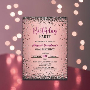Convites Elegante Glitter Preto Metálico Rosa Aniversário d