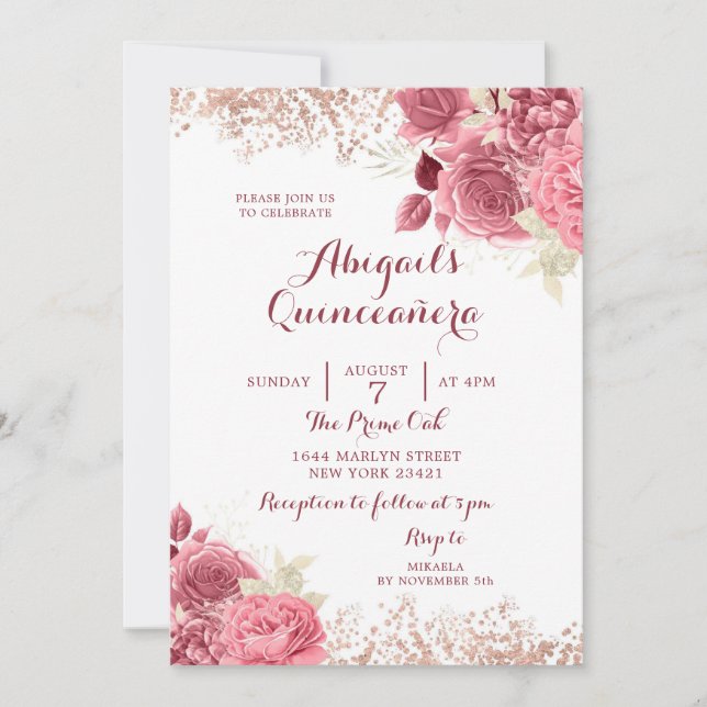 Convites Elegante Glitter Rosa Dourada Quinceañera (Frente)