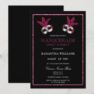 Convites Elegante Glitter Rosa Máscara Sweet 16