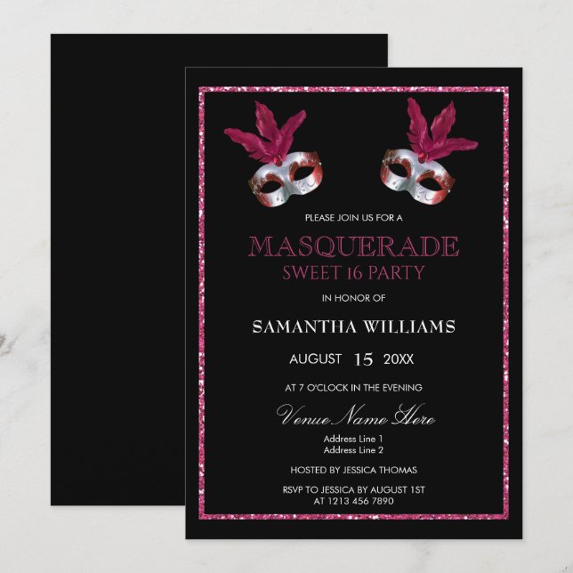 Convites Elegante Glitter Rosa Máscara Sweet 16 (Frente/Verso)