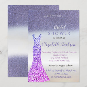 Convites Elegante Glitter Roxo Bokeh, Vestido Chá de Noiva
