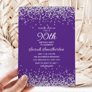 Convites Elegante Glitter Roxo Prata Aniversário de 90 Anos