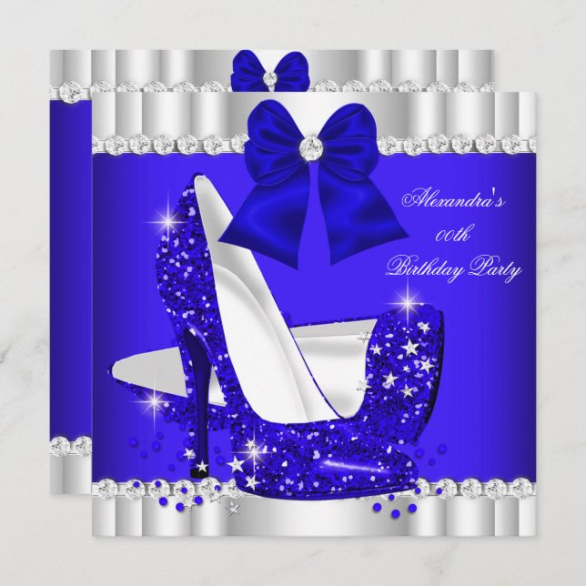Convites Elegante Glitter Royal Blue Silver High Heel (Frente/Verso)