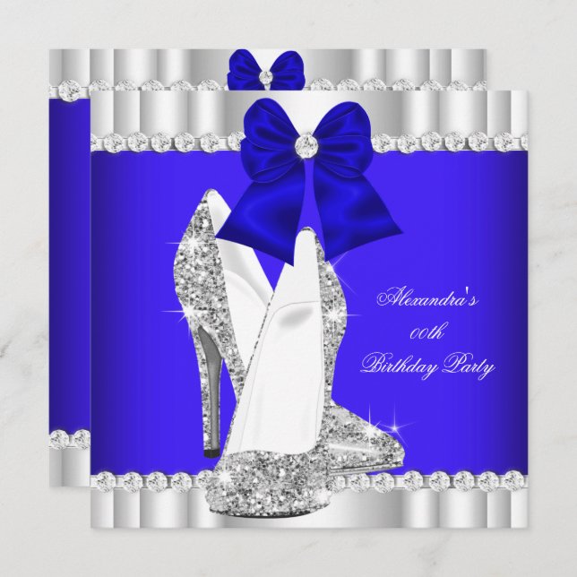 Convites Elegante Glitter Royal Blue Silver High Heels 2 (Frente/Verso)