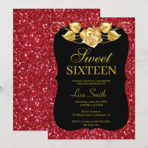 Convites Elegante Glitter Vermelho Dourado Rosa Doce 16
