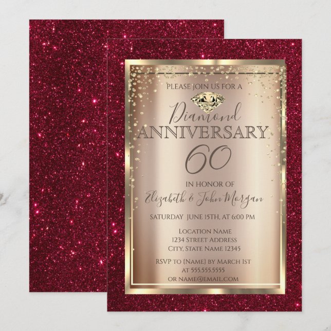 Convites Elegante Glitter Vermelho para Bodas de Aniversári (Frente/Verso)