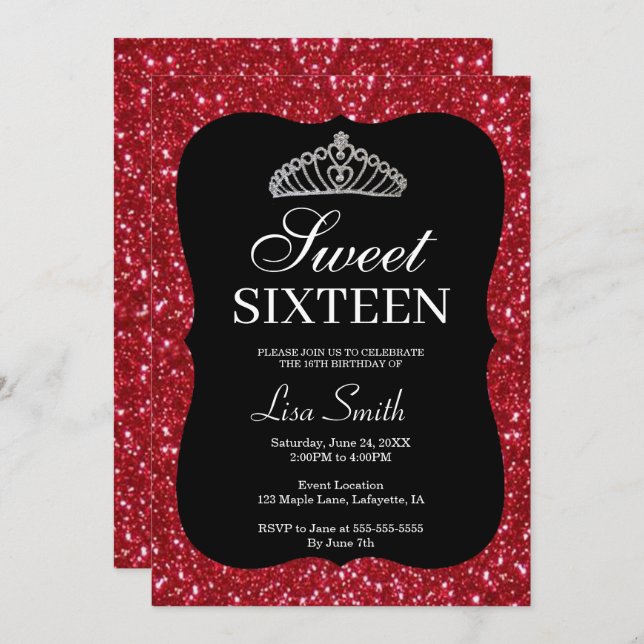 Convites Elegante Glitter Vermelho Quic Tiara Sweet 16 (Frente/Verso)