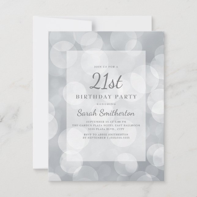 Convites Elegante Glittery Silver Bokeh aniversário de 21 a (Frente)