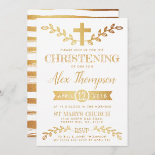 Convites Elegante Gold Foil Cross & Foliage Christening