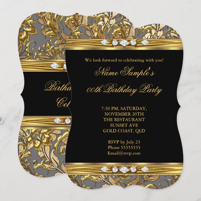 Convites Elegante Gold Foil Damask Black Diamond Aniversári (Frente/Verso)