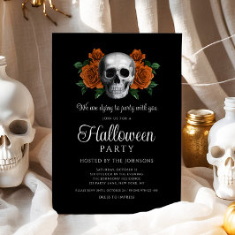 Convites Elegante Gótico Preto Floral Caveira Halloween