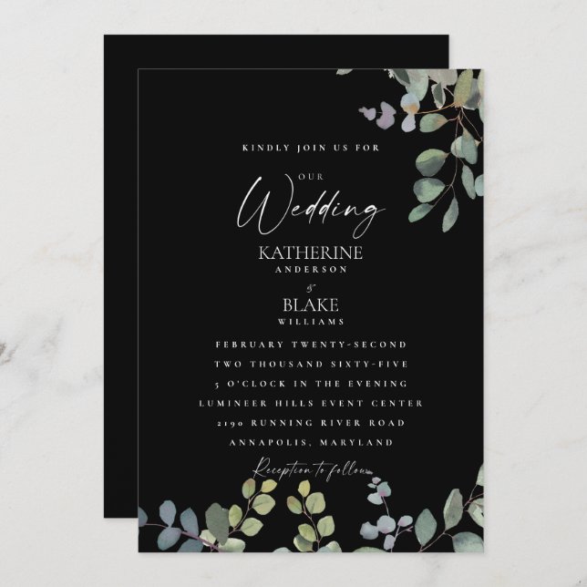 Convites Elegante Grace Weding All Black Eucalyptus (Frente/Verso)