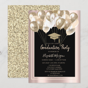 Convites Elegante Grad Cap Brilho, Balões Rosa Dourado