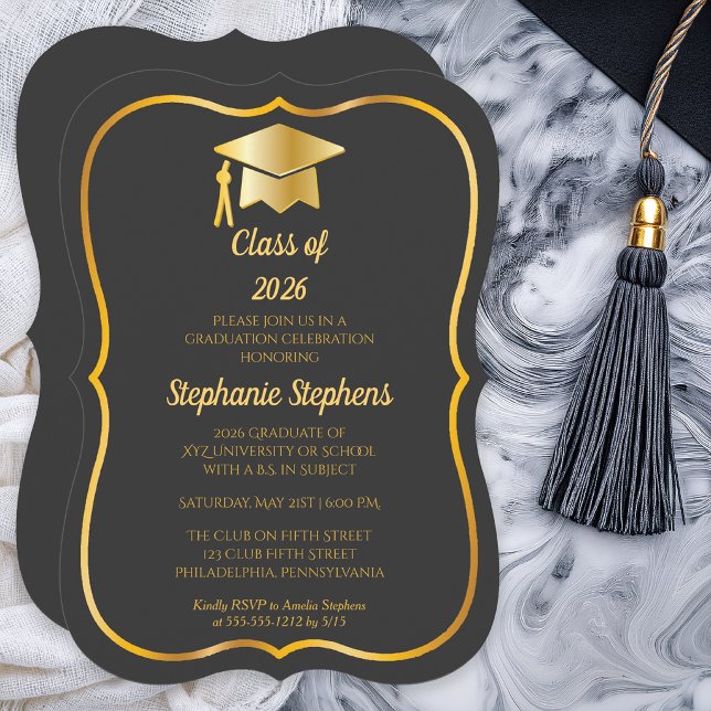 Convites Elegante Grafite | Festa de Formatura com Tampa de (Elegant Graphite and Gold Tone Grad Cap Graduation Party Invitation - Print |  Download)