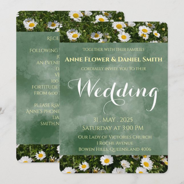 Convites Elegante Green Daisy Wedding (Frente/Verso)