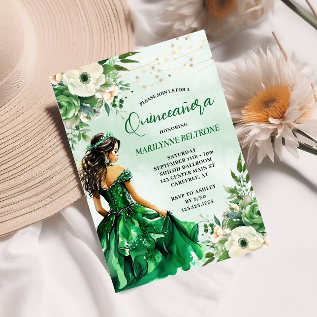 Convites Elegante Green Floral Princess Quinceañera (Criador carregado)