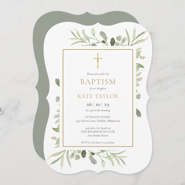 Convites Elegante Greenery Baptism Christening (Frente/Verso)