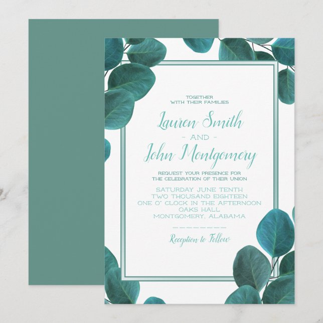 Convites Elegante Greenery | Casamento Eucalyptus Leaves (Frente/Verso)