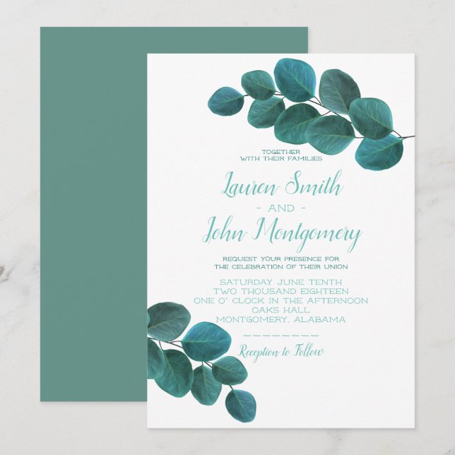 Convites Elegante Greenery | Casamento Eucalyptus Leaves (Frente/Verso)
