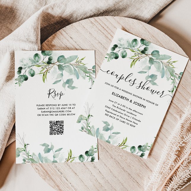 Convites Elegante Greenery | Chá de Casais QR (An elegant couples wedding  shower invitation with greenery and a scannable QR code to rsvp)